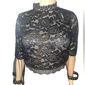 NWT Black lace Spandex zip up blouse, size 1XL